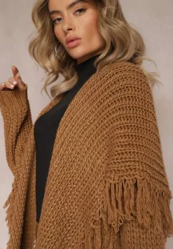Brązowy Niezapinany Kardigan o Długim Kroju z Frędzlami Finantia