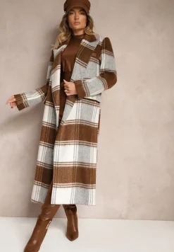 Brązowy Niezapinany Płaszcz w Kratkę z Kieszeniami z Klapą Fiboila