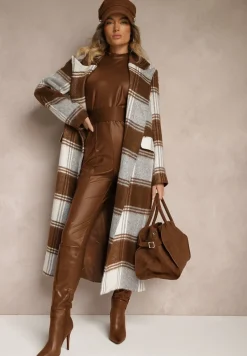 Brązowy Niezapinany Płaszcz w Kratkę z Kieszeniami z Klapą Fiboila