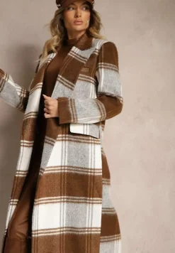 Brązowy Niezapinany Płaszcz w Kratkę z Kieszeniami z Klapą Fiboila