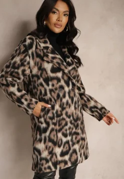 Brązowy Panterkowy Płaszcz Dwurzędowy z Wsuwanymi Kieszeniami Niarelith