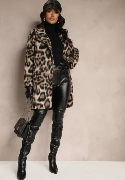 Brązowy Panterkowy Płaszcz Dwurzędowy z Wsuwanymi Kieszeniami Niarelith