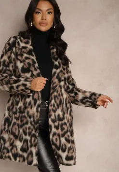 Brązowy Panterkowy Płaszcz Dwurzędowy z Wsuwanymi Kieszeniami Niarelith