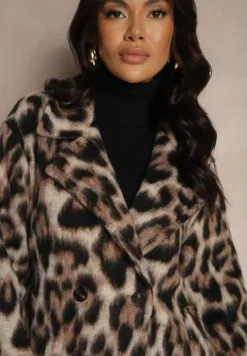 Brązowy Panterkowy Płaszcz Dwurzędowy z Wsuwanymi Kieszeniami Niarelith