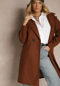 Brązowy Płaszcz Dwurzędowy Długi Tadde