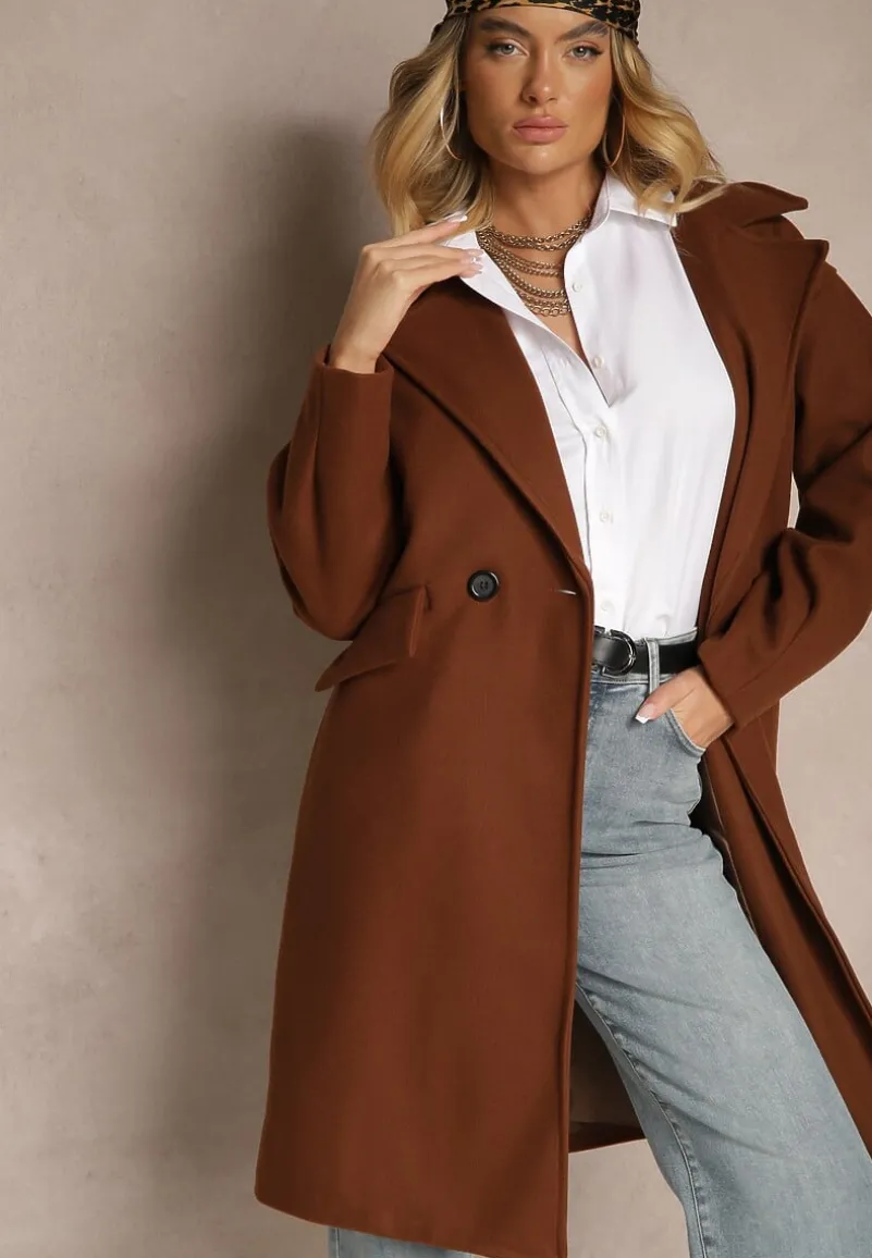 Brązowy Płaszcz Dwurzędowy Długi Tadde