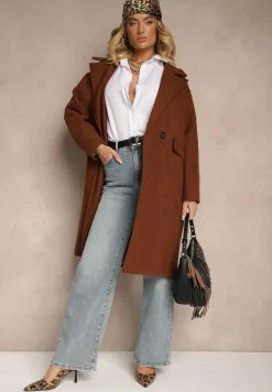 Brązowy Płaszcz Dwurzędowy Długi Tadde