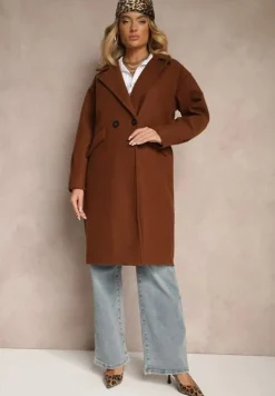 Brązowy Płaszcz Dwurzędowy Długi Tadde