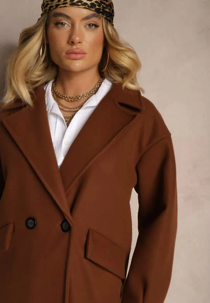Brązowy Płaszcz Dwurzędowy Długi Tadde