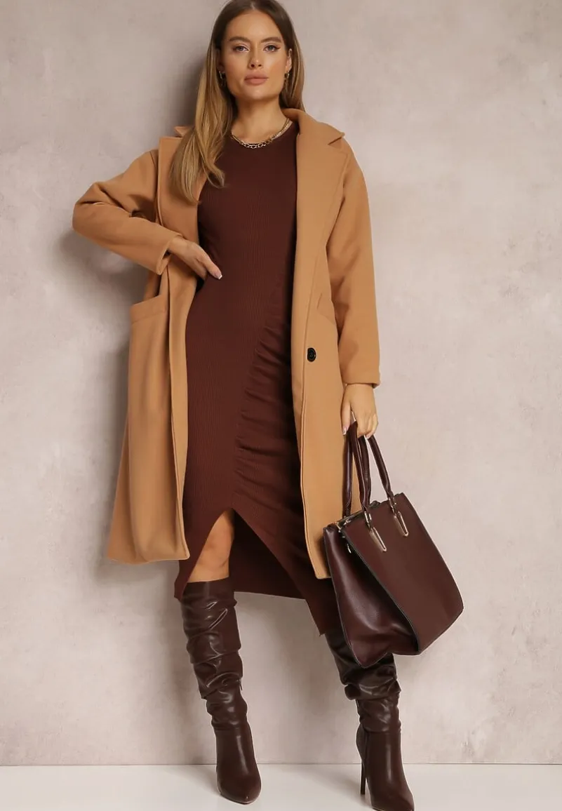 Brązowy Płaszcz Dwurzędowy Wiązany Meollie