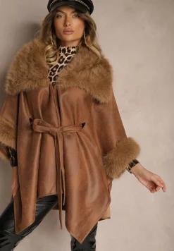 Brązowy Płaszcz Ozdobiony Futerkiem z Wycięciami Wiązany w Pasie Toriadia