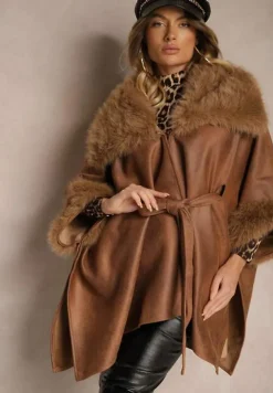 Brązowy Płaszcz Ozdobiony Futerkiem z Wycięciami Wiązany w Pasie Toriadia