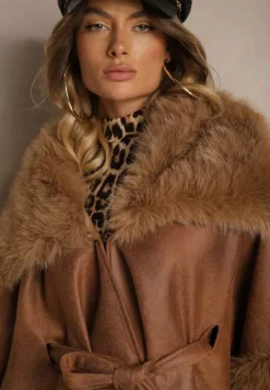 Brązowy Płaszcz Ozdobiony Futerkiem z Wycięciami Wiązany w Pasie Toriadia