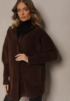Brązowy Płaszcz Wełniany Zapinany z Kapturem Lanai