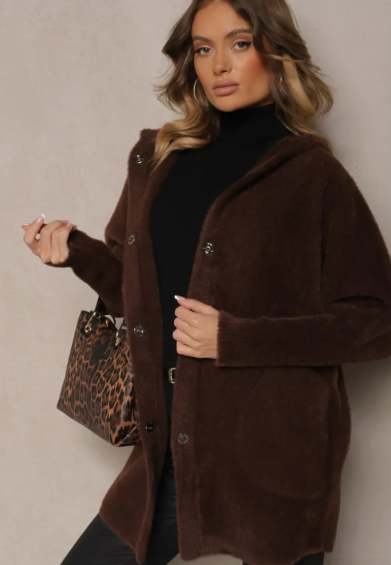 Brązowy Płaszcz Wełniany Zapinany z Kapturem Lanai