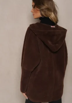 Brązowy Płaszcz Wełniany Zapinany z Kapturem Lanai