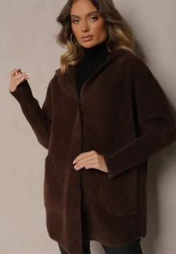 Brązowy Płaszcz Wełniany Zapinany z Kapturem Lanai