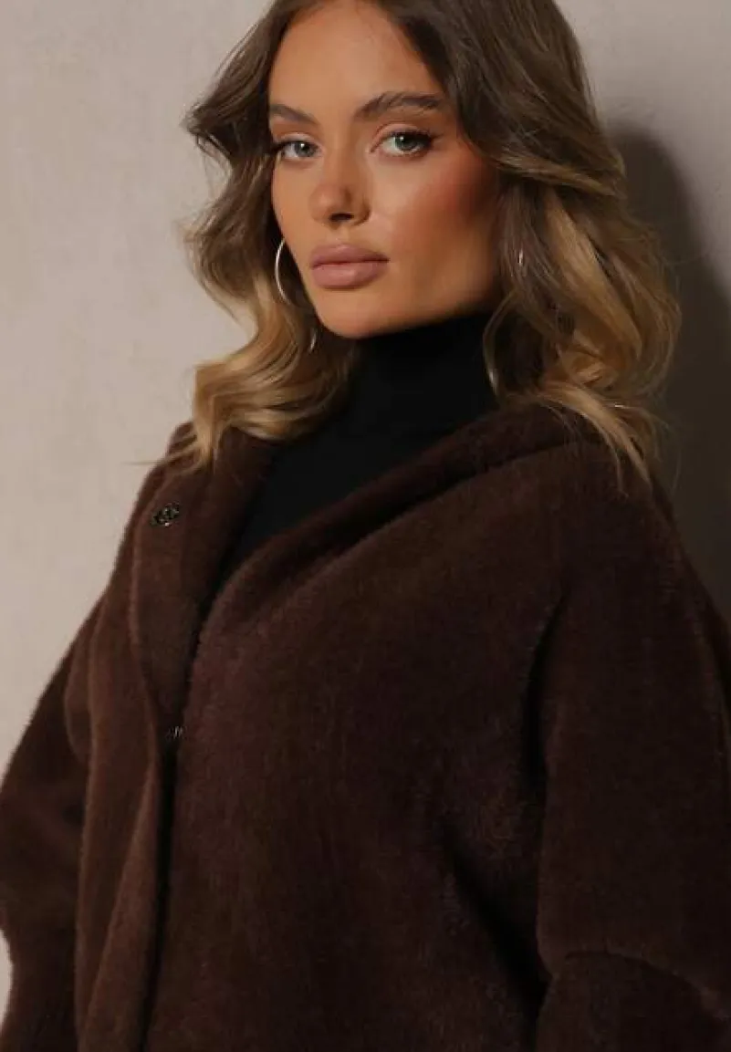 Brązowy Płaszcz Wełniany Zapinany z Kapturem Lanai