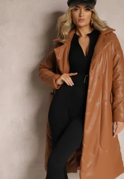 Brązowy Płaszcz z Imitacji Skóry z Wiązanym Paskiem Tosha
