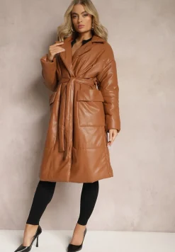 Brązowy Płaszcz z Imitacji Skóry z Wiązanym Paskiem Tosha