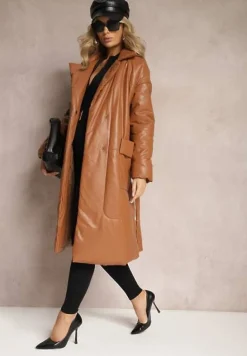 Brązowy Płaszcz z Imitacji Skóry z Wiązanym Paskiem Tosha
