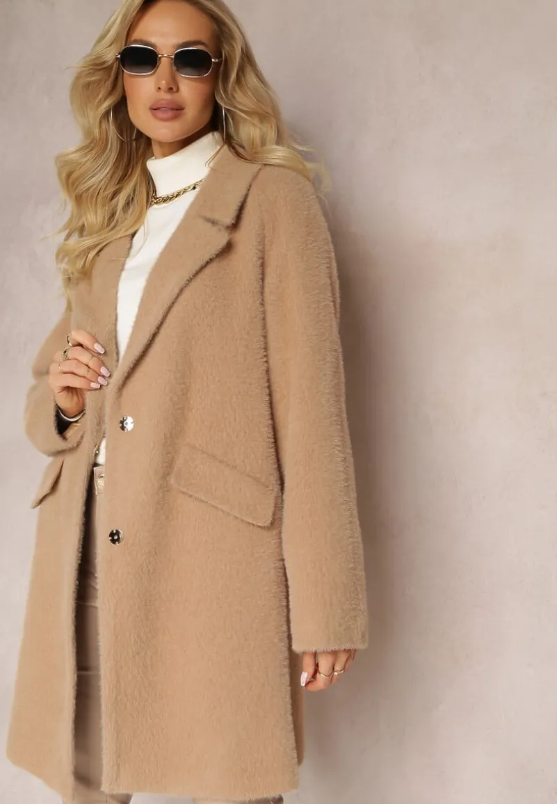 Brązowy Puchaty Płaszcz z Napami i Kieszeniami Talese