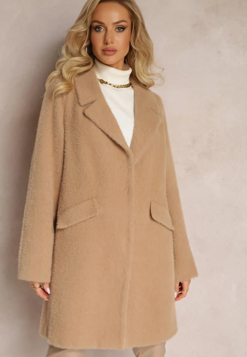 Brązowy Puchaty Płaszcz z Napami i Kieszeniami Talese