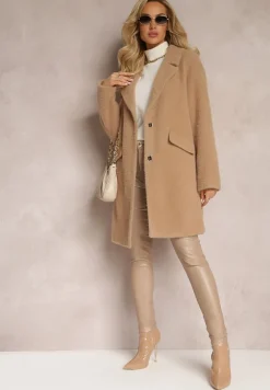 Brązowy Puchaty Płaszcz z Napami i Kieszeniami Talese