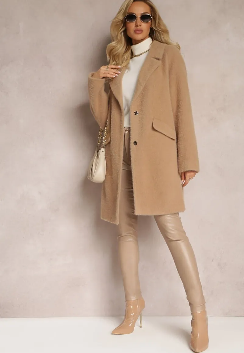 Brązowy Puchaty Płaszcz z Napami i Kieszeniami Talese