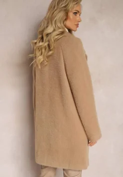 Brązowy Puchaty Płaszcz z Napami i Kieszeniami Talese