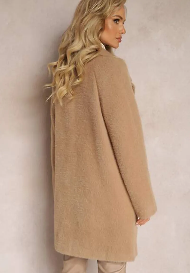 Brązowy Puchaty Płaszcz z Napami i Kieszeniami Talese