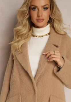 Brązowy Puchaty Płaszcz z Napami i Kieszeniami Talese