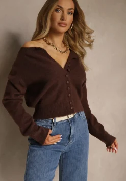 Brązowy Rozpinany Kardigan z Wełną Kornelira