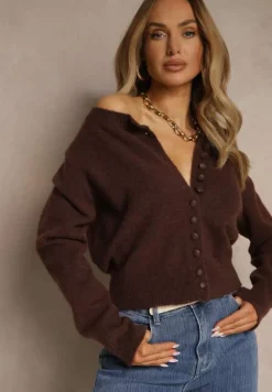 Brązowy Rozpinany Kardigan z Wełną Kornelira
