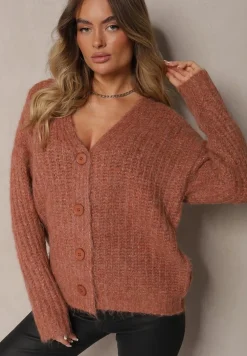 Brązowy Rozpinany Kardigan z Wełną i Ściągaczami przy Rękawach Ciarella