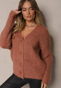 Brązowy Rozpinany Kardigan z Wełną i Ściągaczami przy Rękawach Ciarella