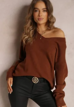 Brązowy Sweter z Wiskozy Oversize Conime
