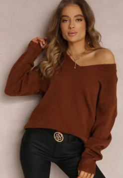 Brązowy Sweter z Wiskozy Oversize Conime