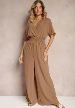 Brązowy Taliowany Kombinezon z Zakładkowym Dekoltem i Gumką w Pasie Vimalynna