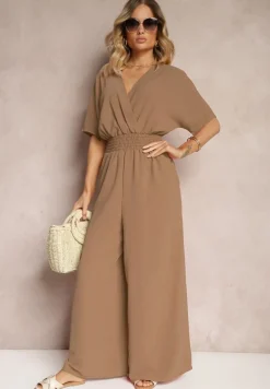 Brązowy Taliowany Kombinezon z Zakładkowym Dekoltem i Gumką w Pasie Vimalynna