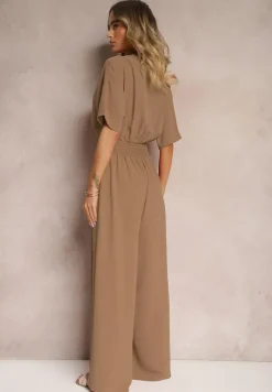 Brązowy Taliowany Kombinezon z Zakładkowym Dekoltem i Gumką w Pasie Vimalynna