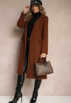 Brązowy Taliowany Płaszcz z Wiązanym Paskiem Seraphique