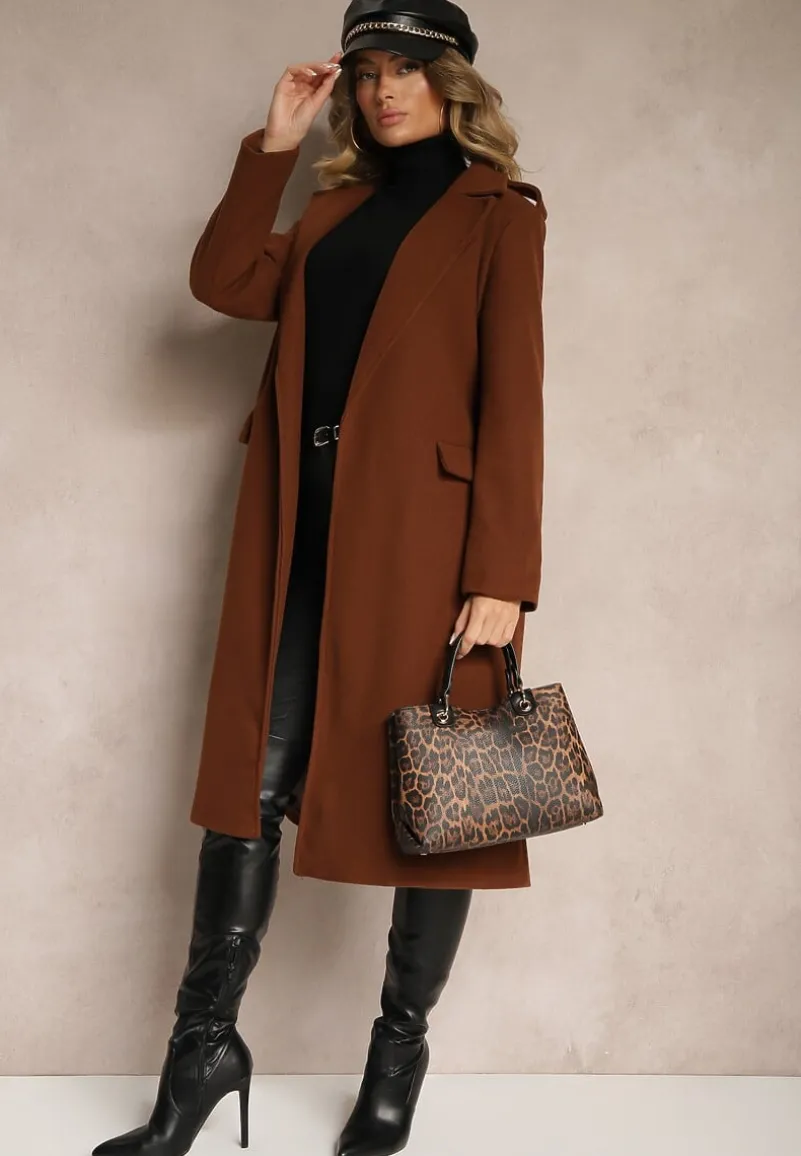 Brązowy Taliowany Płaszcz z Wiązanym Paskiem Seraphique