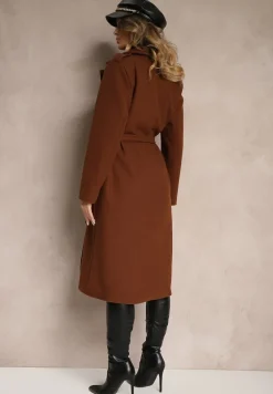 Brązowy Taliowany Płaszcz z Wiązanym Paskiem Seraphique