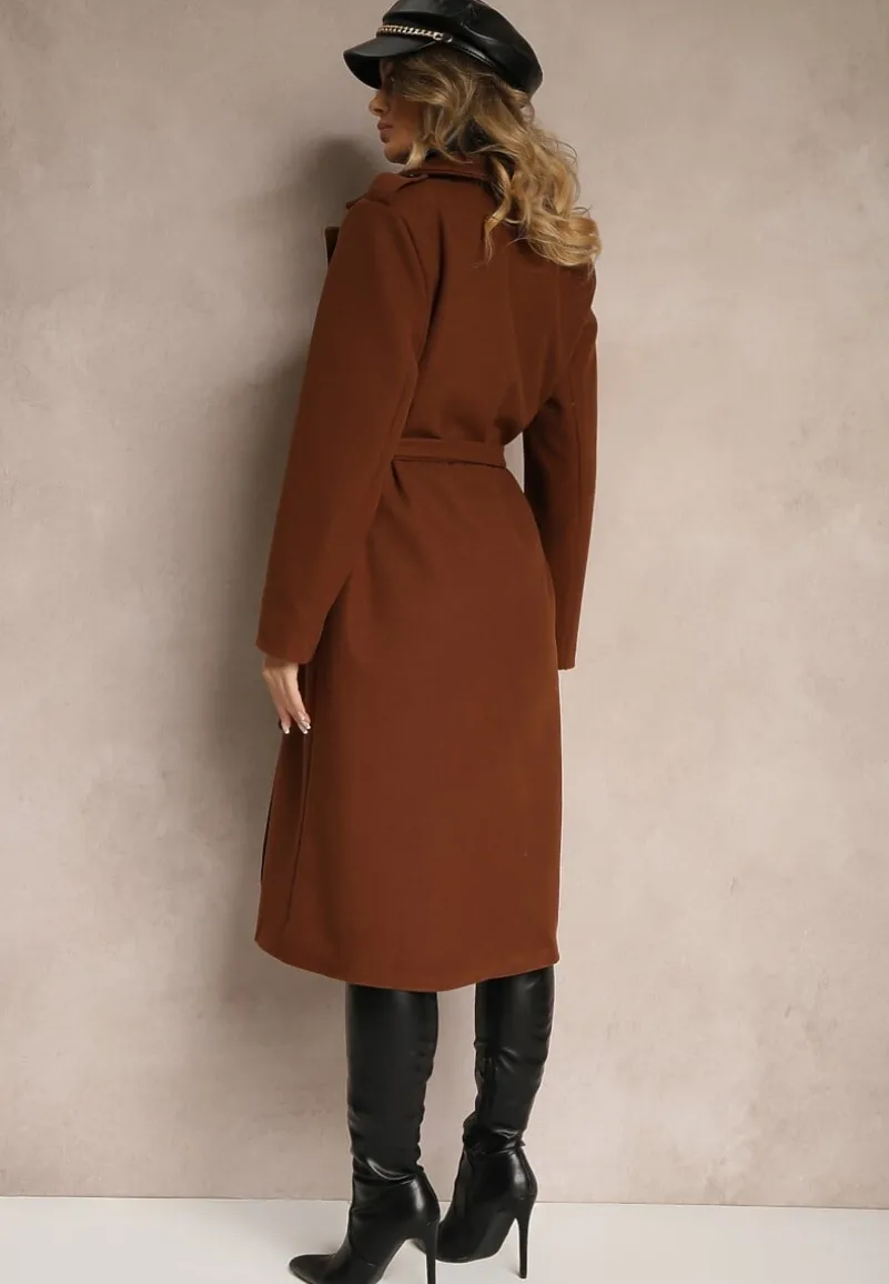 Brązowy Taliowany Płaszcz z Wiązanym Paskiem Seraphique