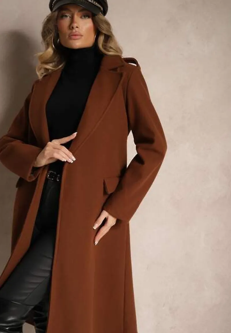 Brązowy Taliowany Płaszcz z Wiązanym Paskiem Seraphique