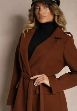 Brązowy Taliowany Płaszcz z Wiązanym Paskiem Seraphique