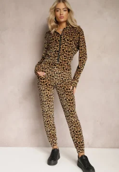 Brązowy Welurowy Komplet Dresowy w Panterkowy Wzór Arvile