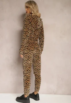 Brązowy Welurowy Komplet Dresowy w Panterkowy Wzór Arvile