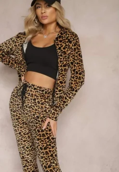 Brązowy Welurowy Komplet Dresowy w Panterkowy Wzór Arvile